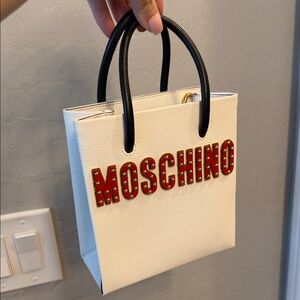 Moschino White Mini Bag with Black Handles and Red Accents